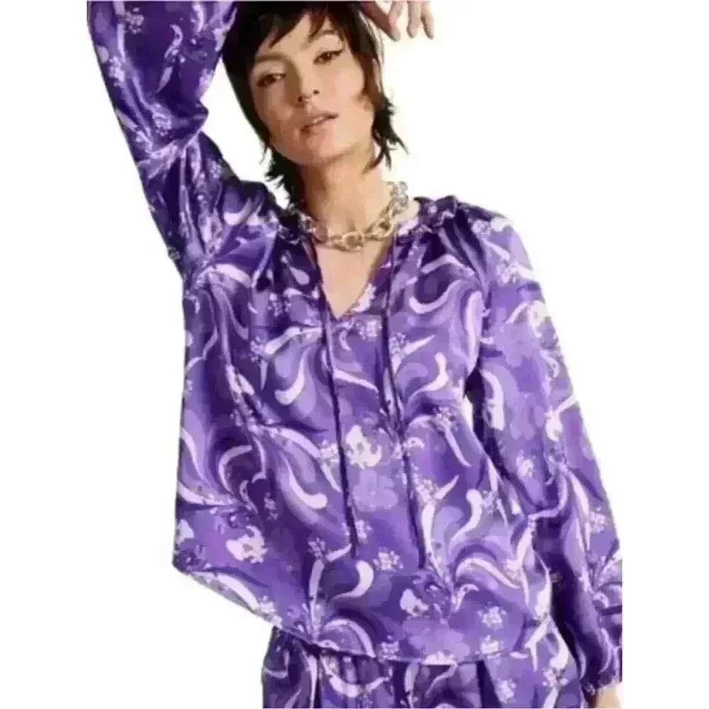 INC Women Purple Floral Satin Blouse Ruffle Tie Neck Size XS